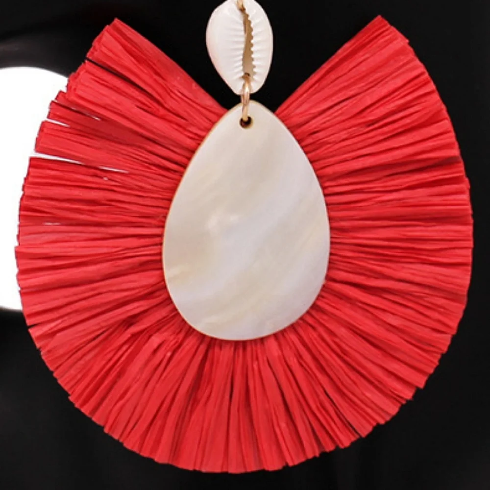 Red Fan Puka Shell Raffia Trimmed Teardrop Mother Of Pearl Dangle Earrings